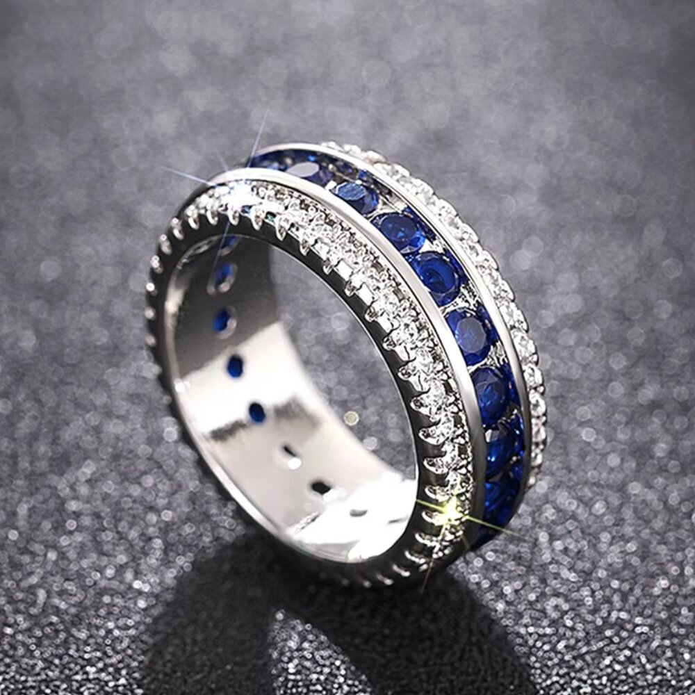 NEW 18k White Gold Sapphire Diamond Eternity Ring - Picture 5 of 7